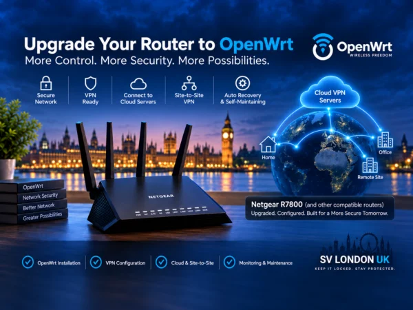 OpenWrt router configured for VPN, cloud VPN servers and site-to-site connectivity by SV London UK
