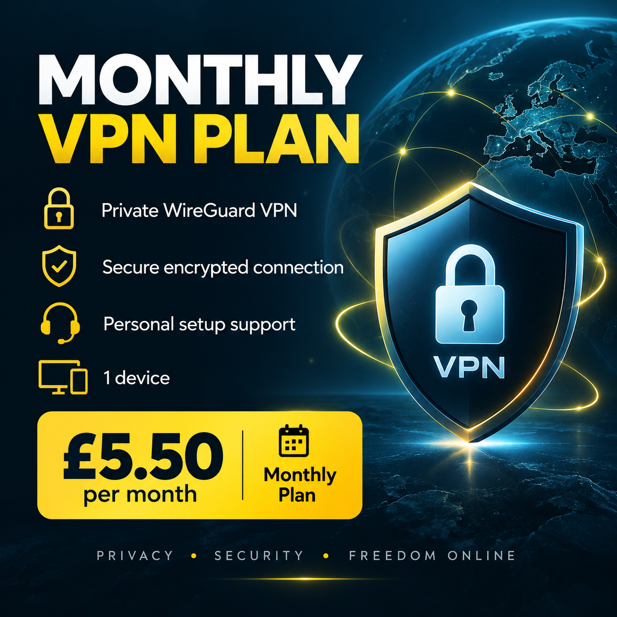 Monthly VPN plan with private WireGuard access